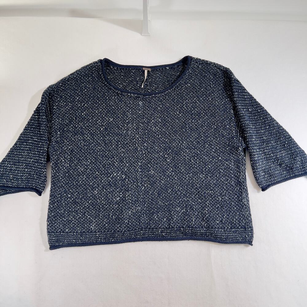 Jewel Neck Knit Sweater Free People Woman's L Blue & Speckled White 3/4 Sleeve